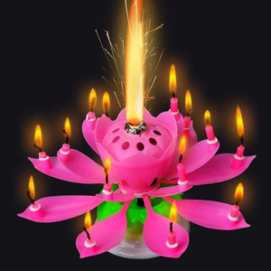 Double Layers Lotus 14 Petals Blue Flower Magic Happy Music Candle/Candel for Birthday Party