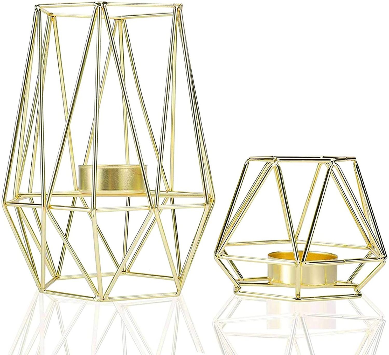 Christmas Wedding Centerpiece Luxurious Metal Wire Iron Tealight Candle Holders Gold Geometric Shape Candle Holders Set of 2