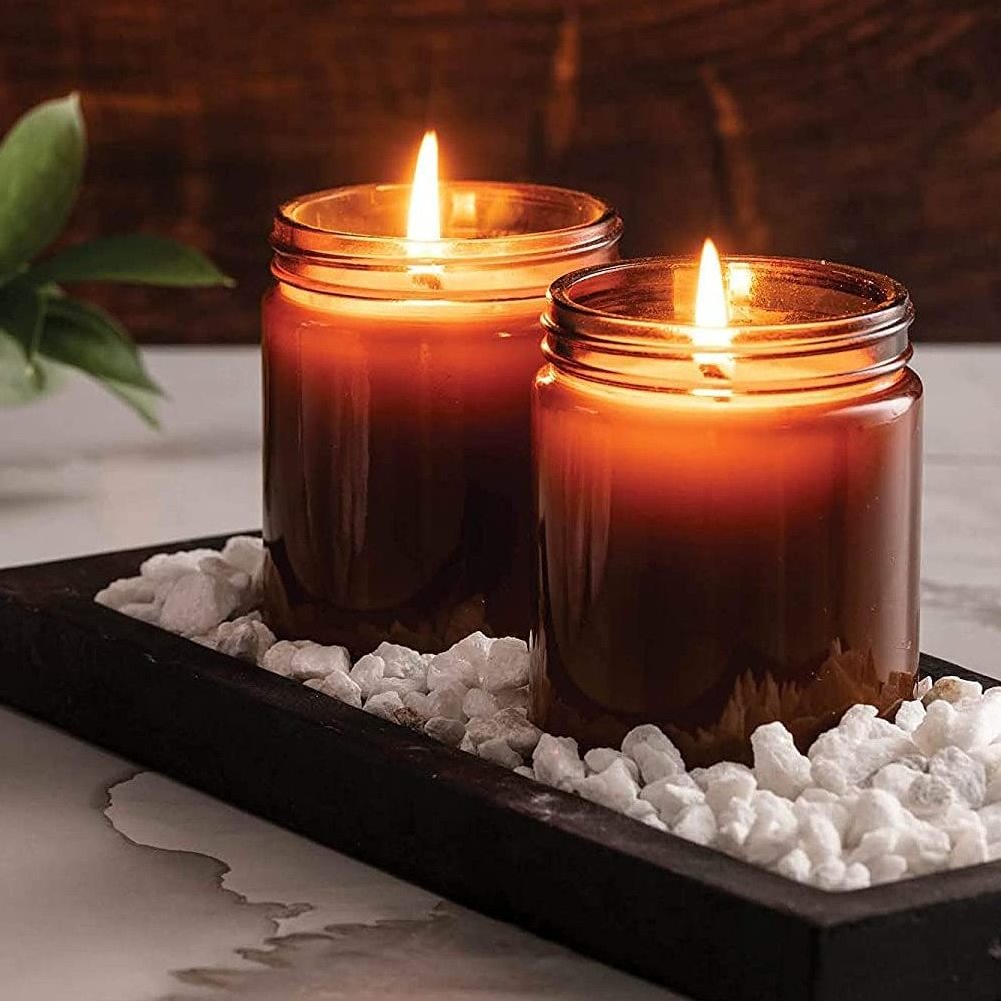 Wholesale Thick Glass Candles Holder Empty Amber Color 8oz Glass Candle Jar With Black Lid