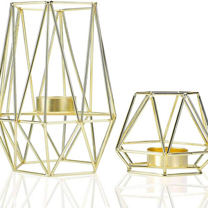 Christmas Wedding Centerpiece Luxurious Metal Wire Iron Tealight Candle Holders Gold Geometric Shape Candle Holders Set of 2