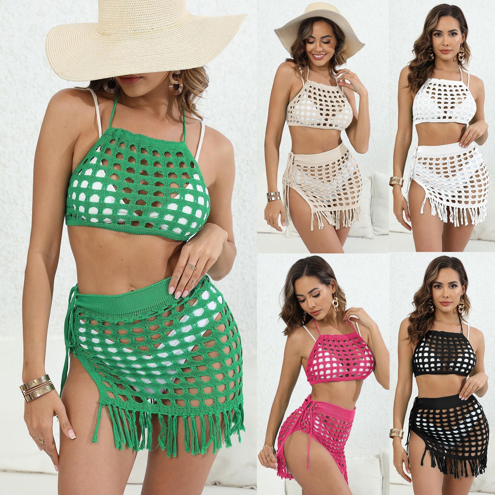 Women Beach 2pcs Crochet Cover Up  Knitted Bikini Hollow Out Cropper Camisole Tank Top+Mini Skirt Swimsuit