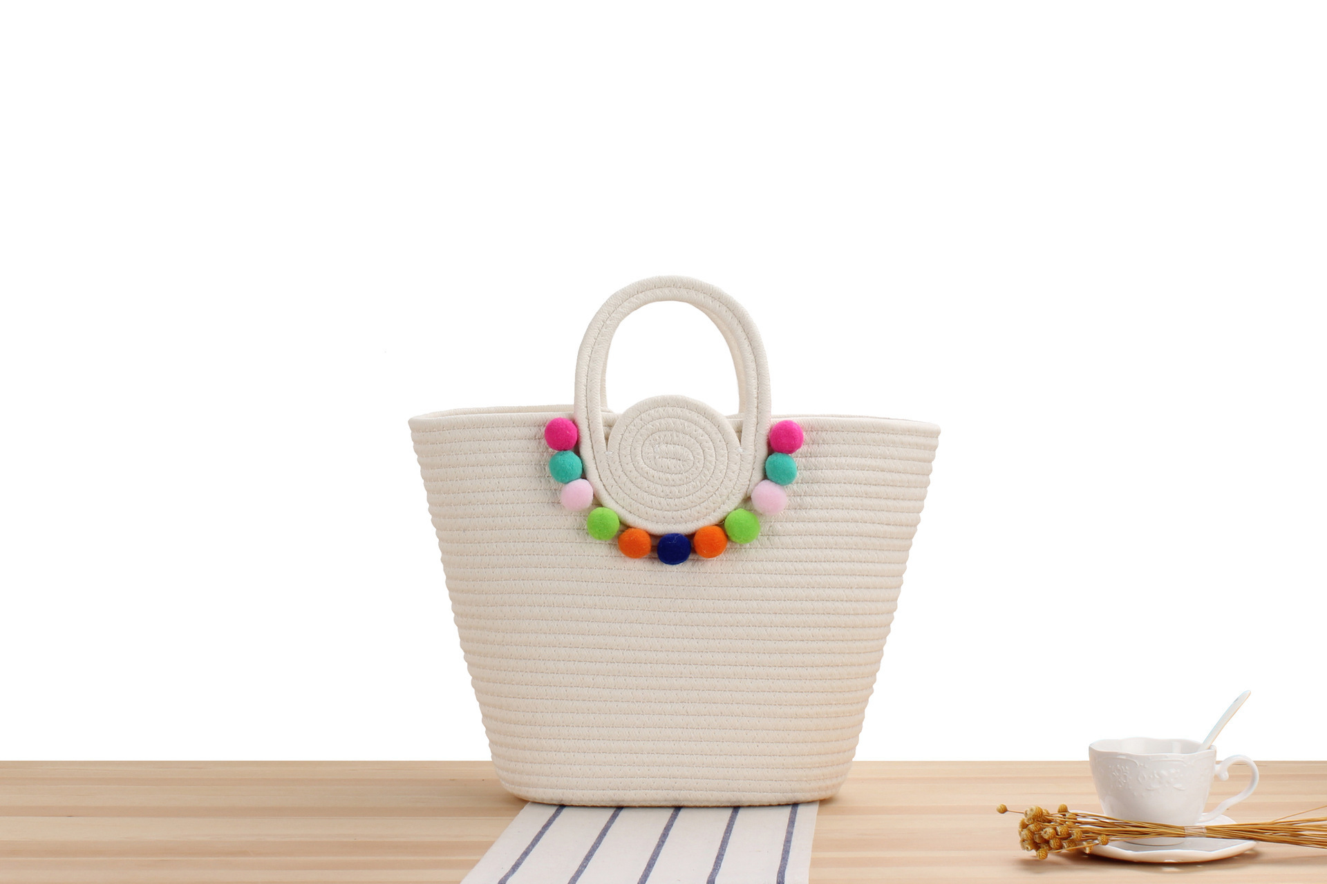 2024 Women Travel Beach Woven Handbag Shoulder Cotton Rope Crochet Knit Bucket Storage Large Straw Woven Tote Bag