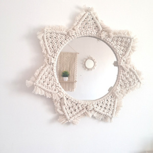 Boho Decor Macrame Circle Wall Hanging Mirror for Bedroom Living Room Apartment Entryway Home Decor