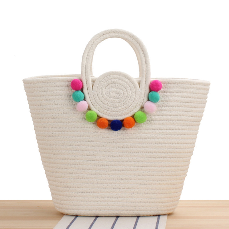 2024 Women Travel Beach Woven Handbag Shoulder Cotton Rope Crochet Knit Bucket Storage Large Straw Woven Tote Bag