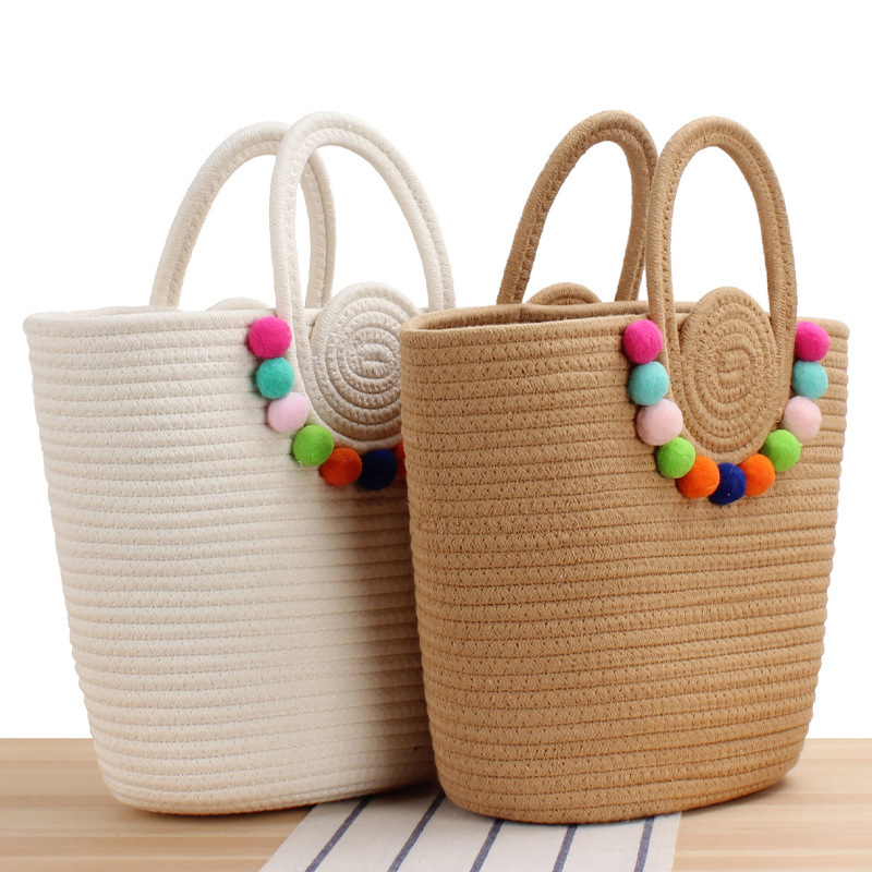 2024 Women Travel Beach Woven Handbag Shoulder Cotton Rope Crochet Knit Bucket Storage Large Straw Woven Tote Bag