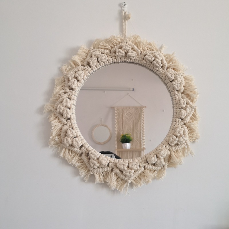 Boho Decor Macrame Circle Wall Hanging Mirror for Bedroom Living Room Apartment Entryway Home Decor