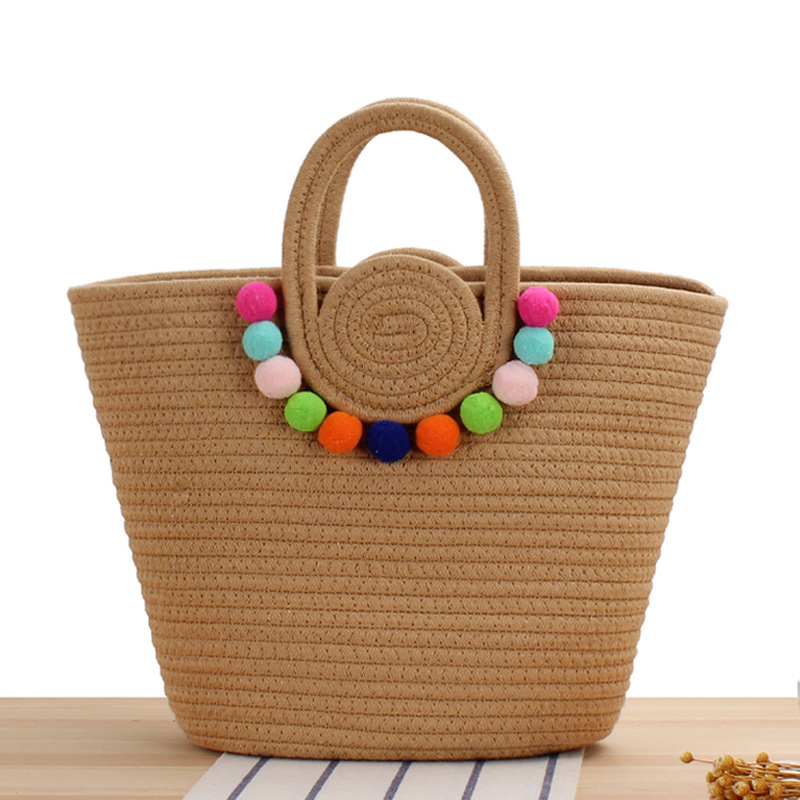 2024 Women Travel Beach Woven Handbag Shoulder Cotton Rope Crochet Knit Bucket Storage Large Straw Woven Tote Bag