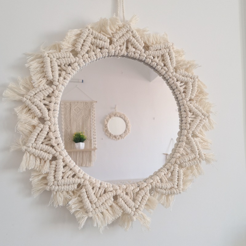 Boho Decor Macrame Circle Wall Hanging Mirror for Bedroom Living Room Apartment Entryway Home Decor