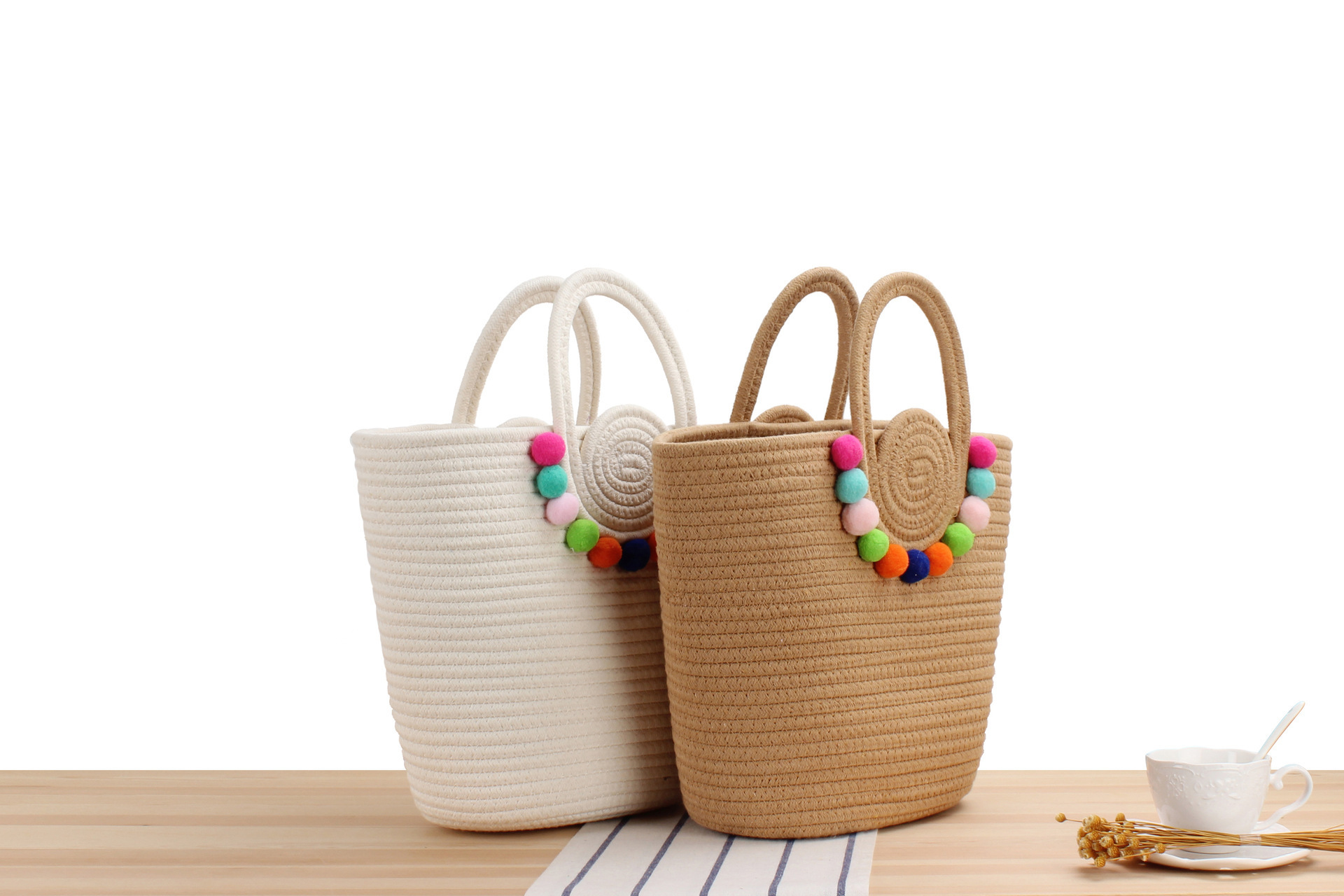 2024 Women Travel Beach Woven Handbag Shoulder Cotton Rope Crochet Knit Bucket Storage Large Straw Woven Tote Bag