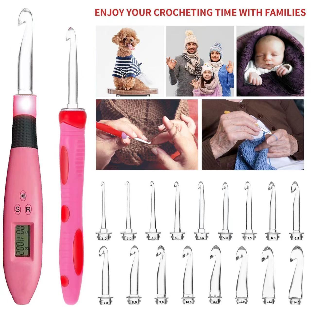 DIY hand knitting tool  USB 11 pcs head rechargeable luminous counter  Led crochet hook set