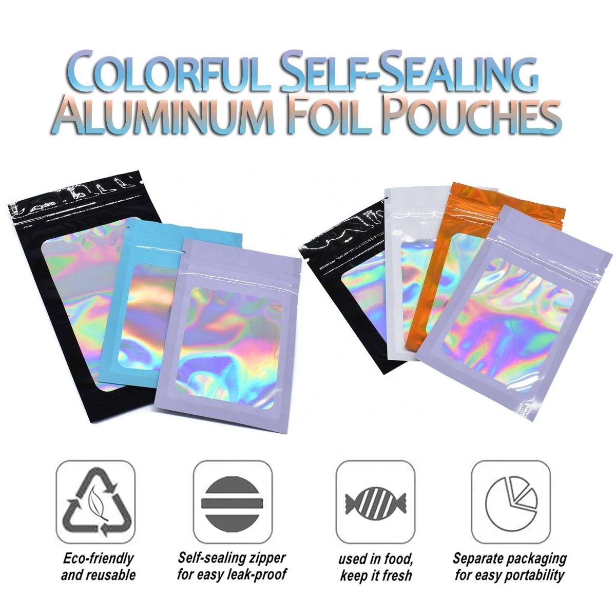 Free Sample  Self Sealing Aluminum Foil Pouches Jewelry Packaging Holographic Pouches Laser Colorful Aluminum Sealed Pouches