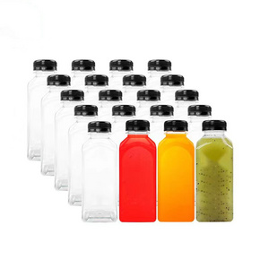 Food Grade BPA Free 12oz Empty Plastic Juice Milk Bottles with Tamper Evident Caps French Square Empty Plastic Pet Juice bottles