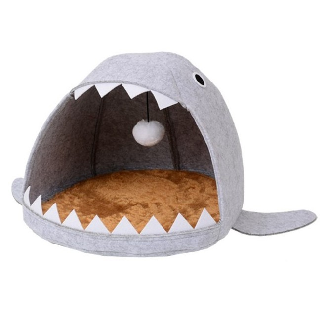 2024 Chinese Factory custom logo cute soft wool felt collapsible Shark Pet House Cat Bed/ Cat Cave Bed