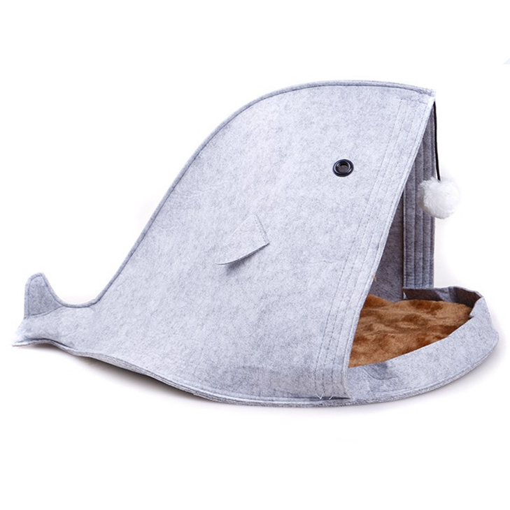 2024 Chinese Factory custom logo cute soft wool felt collapsible Shark Pet House Cat Bed/ Cat Cave Bed