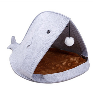 2024 Chinese Factory custom logo cute soft wool felt collapsible Shark Pet House Cat Bed/ Cat Cave Bed