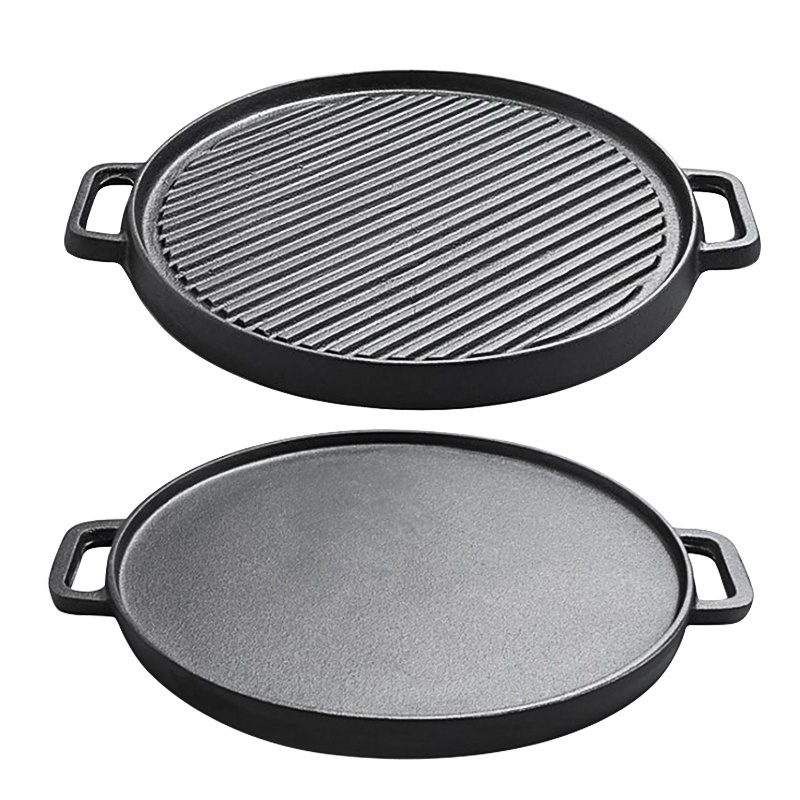 Outdoor Camping Round Cast Iron Reversible Cooking Pan Double Sided Grill And Griddle With Double Ears