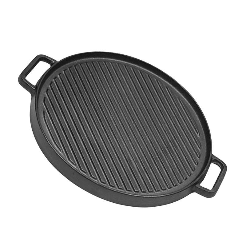 Outdoor Camping Round Cast Iron Reversible Cooking Pan Double Sided Grill And Griddle With Double Ears