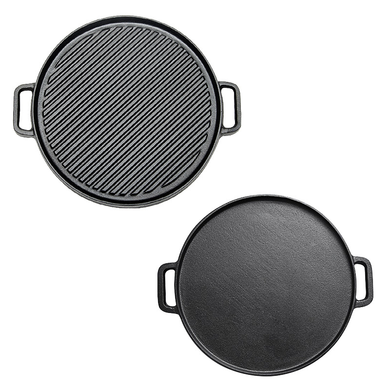 Outdoor Camping Round Cast Iron Reversible Cooking Pan Double Sided Grill And Griddle With Double Ears