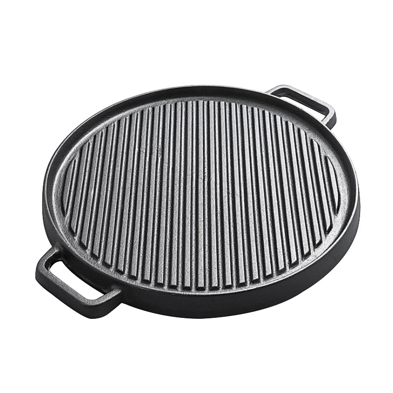 Outdoor Camping Round Cast Iron Reversible Cooking Pan Double Sided Grill And Griddle With Double Ears