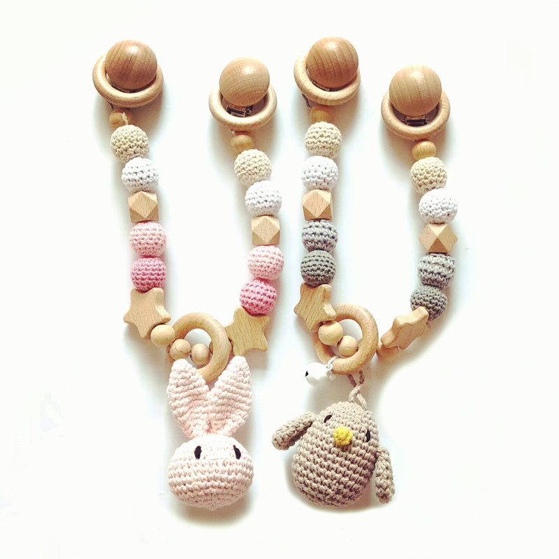 Wooden Crochet Penguin Rabbit Animal Baby Pacifier Clip for Stroller Hanging Pendant Rattle Crib Toys