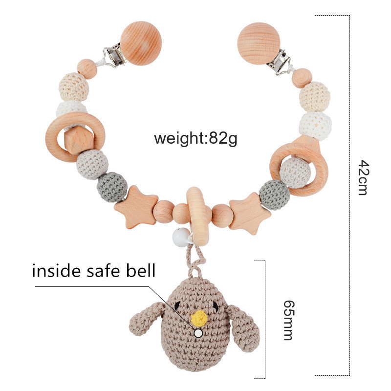 Wooden Crochet Penguin Rabbit Animal Baby Pacifier Clip for Stroller Hanging Pendant Rattle Crib Toys