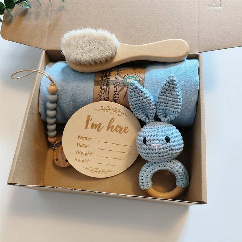 Baby Lovey Comforter Security Blanket Gift Crochet Wooden Rattle Comb Card Pacifier Holder Bamboo Cotton Muslin Swaddle Blanket