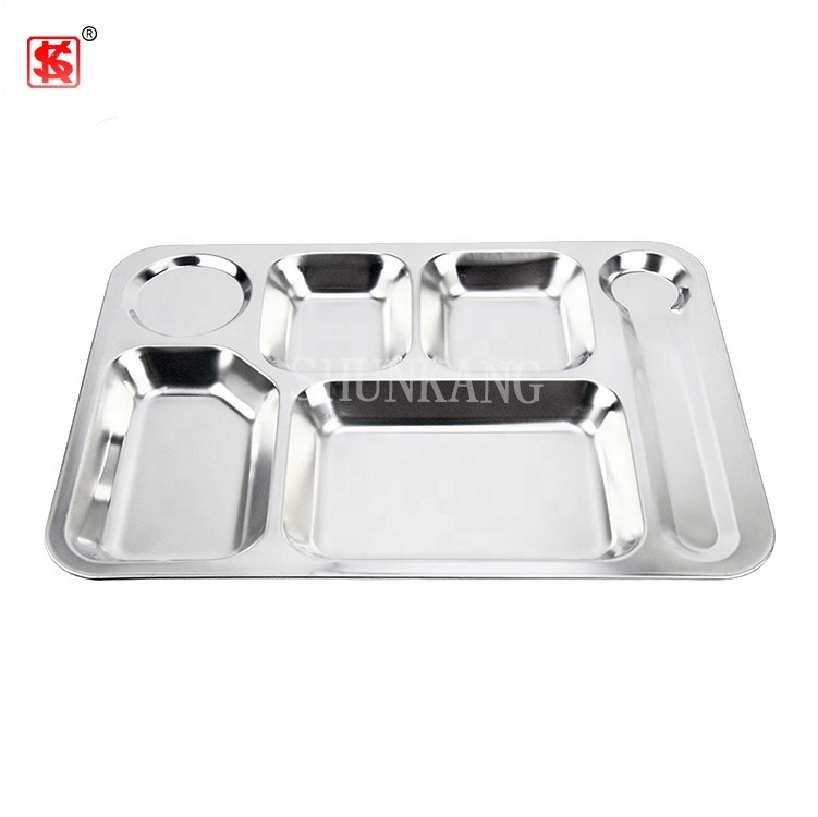 Canteen 3/4/5/6/7 compartments stainless steel square serving tray/ food divider lunch plate