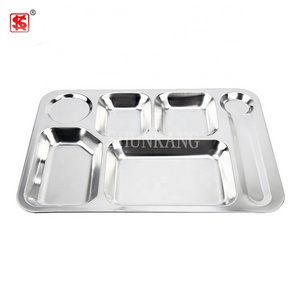 Canteen 3/4/5/6/7 compartments stainless steel square serving tray/ food divider lunch plate