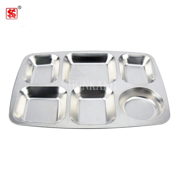 Canteen 3/4/5/6/7 compartments stainless steel square serving tray/ food divider lunch plate