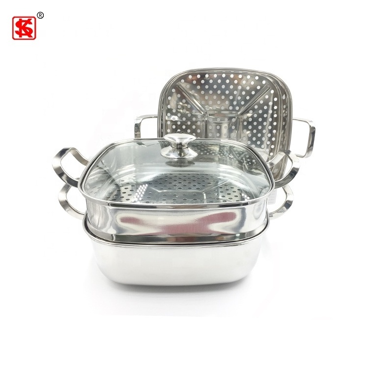 Square Stainless steel 304 steam pots 3 layers Food Steamer cooking pot with glass lid