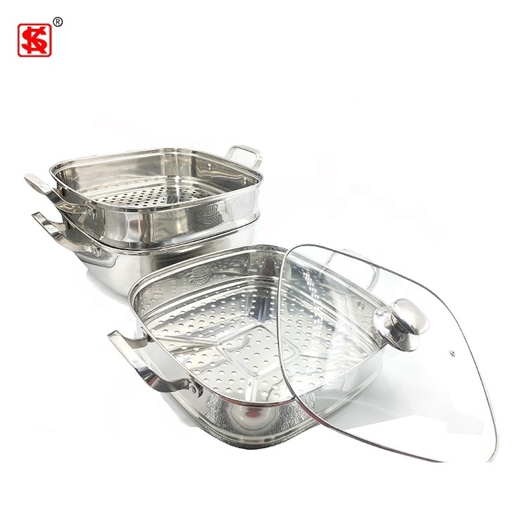 Square Stainless steel 304 steam pots 3 layers Food Steamer cooking pot with glass lid