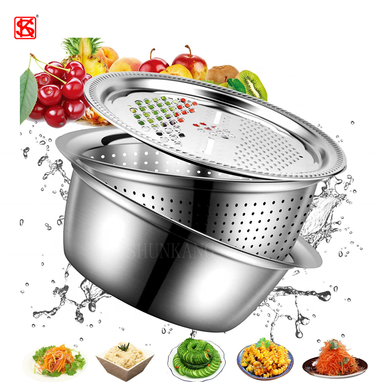 3 in 1 Stainless Steel Drain Basket Vegetable Cutter Cheese Grater Fruit Rice Food Washing Bowl Strainer Set Salad Bowl