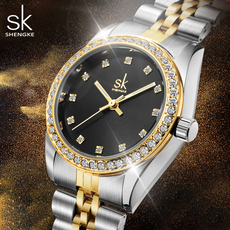 SHENGKE High Quality Gold Plated Watch SK Luxury Woman Watches Diamond Iced Out stainless steel Band Quartz Watch For Woman