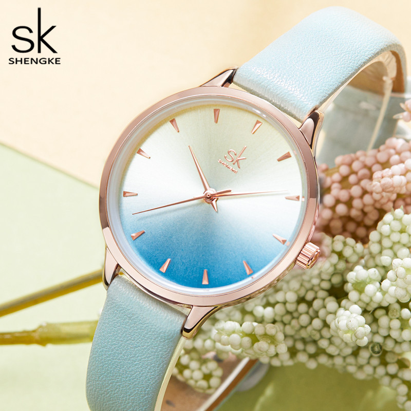 SHENGKE New Fashion Simple Style Temperature Change Color Women Watch Sunray Color Change Men Women Quartz Wristwatches