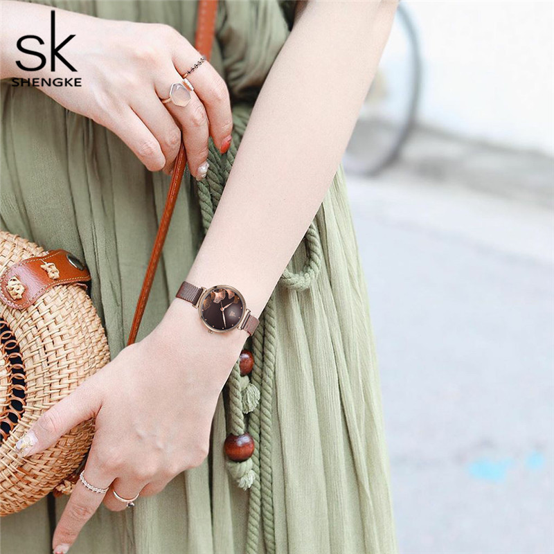 SHENGKE Ginkgo Leaves Dial Watch K0139L Women Watch Wrist Brown Girls Handwatch Lady Tender Watches