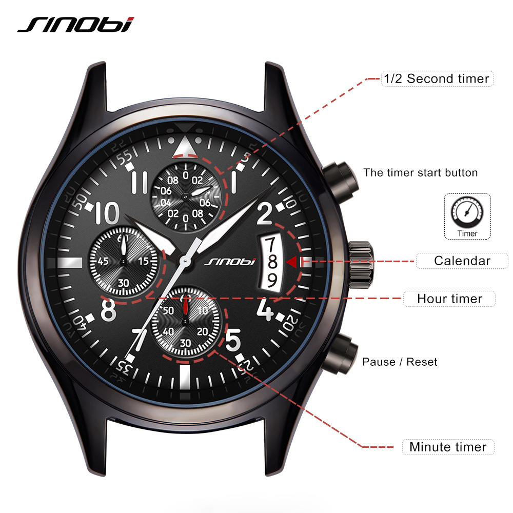 SINOBI Car Wristwatch S9639G Mansculinity Male Watches Chronograph Handwatch Night Light Watches Pilot Watch Montre Homme