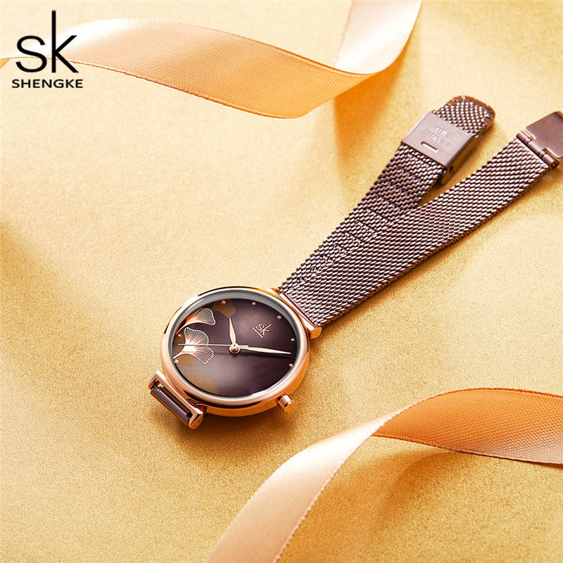 SHENGKE Ginkgo Leaves Dial Watch K0139L Women Watch Wrist Brown Girls Handwatch Lady Tender Watches