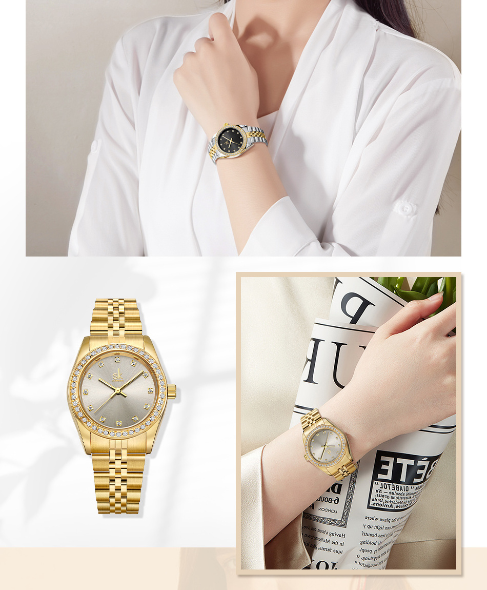 SHENGKE High Quality Gold Plated Watch SK Luxury Woman Watches Diamond Iced Out stainless steel Band Quartz Watch For Woman