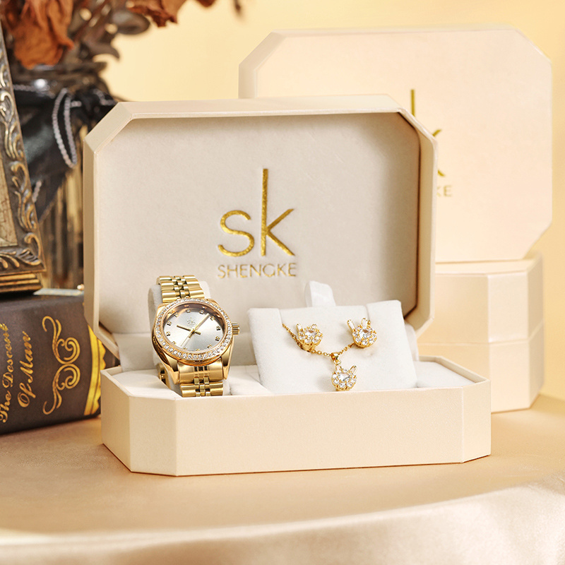 SHENGKE Luxury Jewelry Watches Bracelets Earring Necklace Jewelry Watch Gift Set Box K0039L12 Blue Accessories Luxury Watch Set