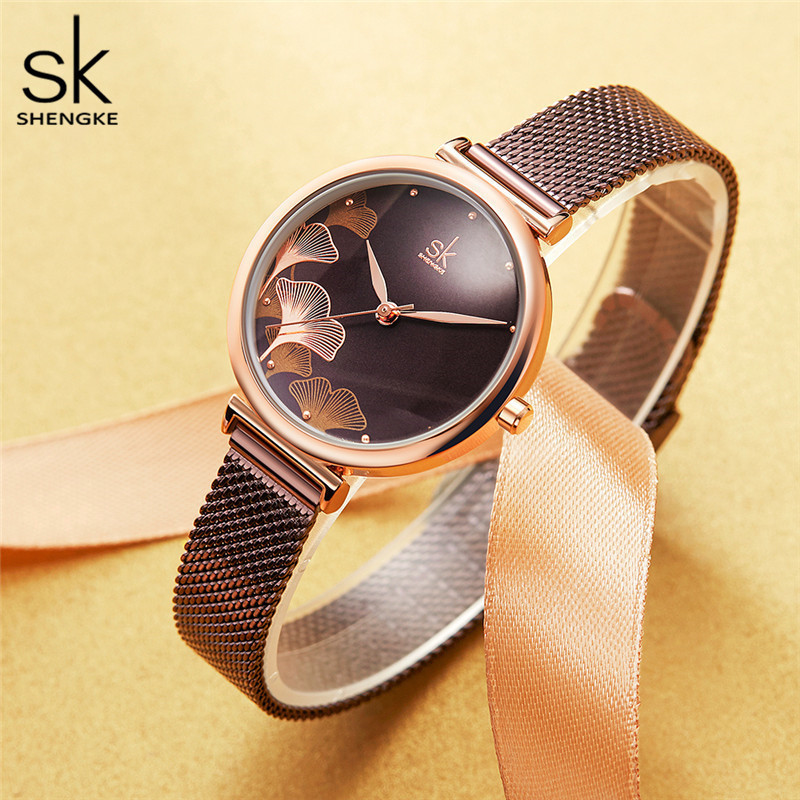 SHENGKE Ginkgo Leaves Dial Watch K0139L Women Watch Wrist Brown Girls Handwatch Lady Tender Watches