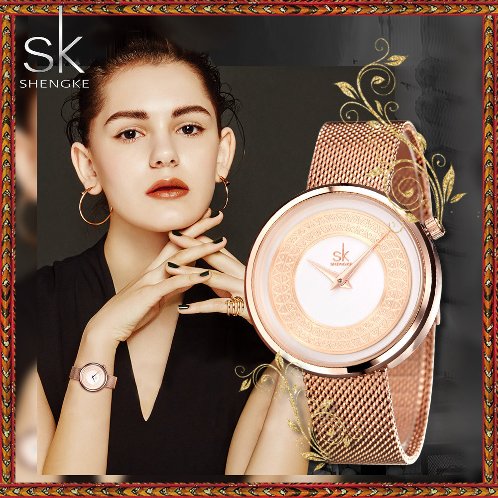 SHENGKE Fashion Woman Watch Carve Pattern Decorate Steel Mesh Band Unique Design Watch With Bracelet  Reloj Para Mujer K0094L