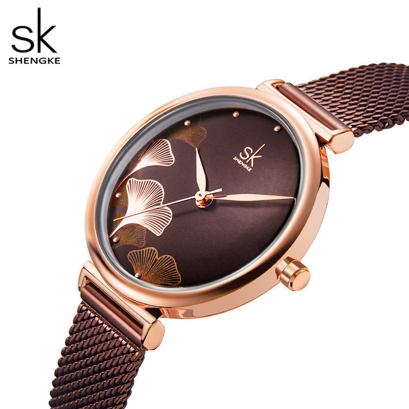 SHENGKE Ginkgo Leaves Dial Watch K0139L Women Watch Wrist Brown Girls Handwatch Lady Tender Watches