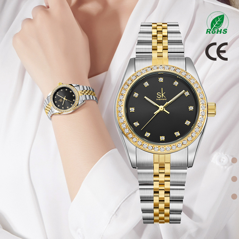 SHENGKE High Quality Gold Plated Watch SK Luxury Woman Watches Diamond Iced Out stainless steel Band Quartz Watch For Woman