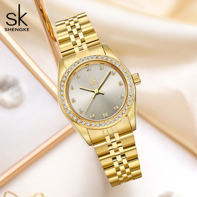 SHENGKE High Quality Gold Plated Watch SK Luxury Woman Watches Diamond Iced Out stainless steel Band Quartz Watch For Woman