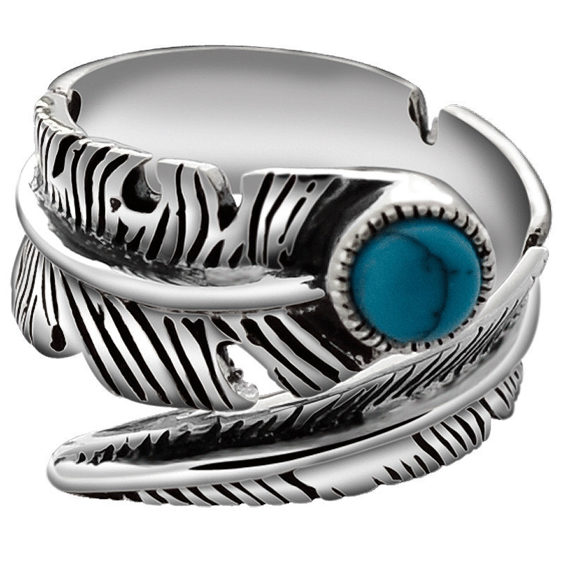 SKA 925 Sterling Silver Feather Ring Retro Inset With Faux Turquoise Leaf Lovers Silver Opening Ring