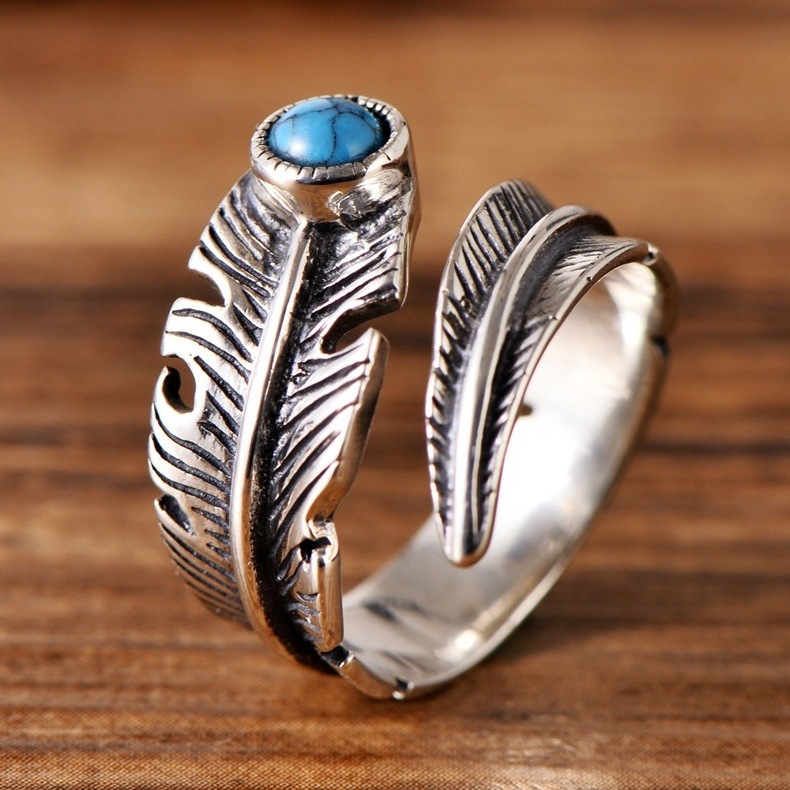 SKA 925 Sterling Silver Feather Ring Retro Inset With Faux Turquoise Leaf Lovers Silver Opening Ring