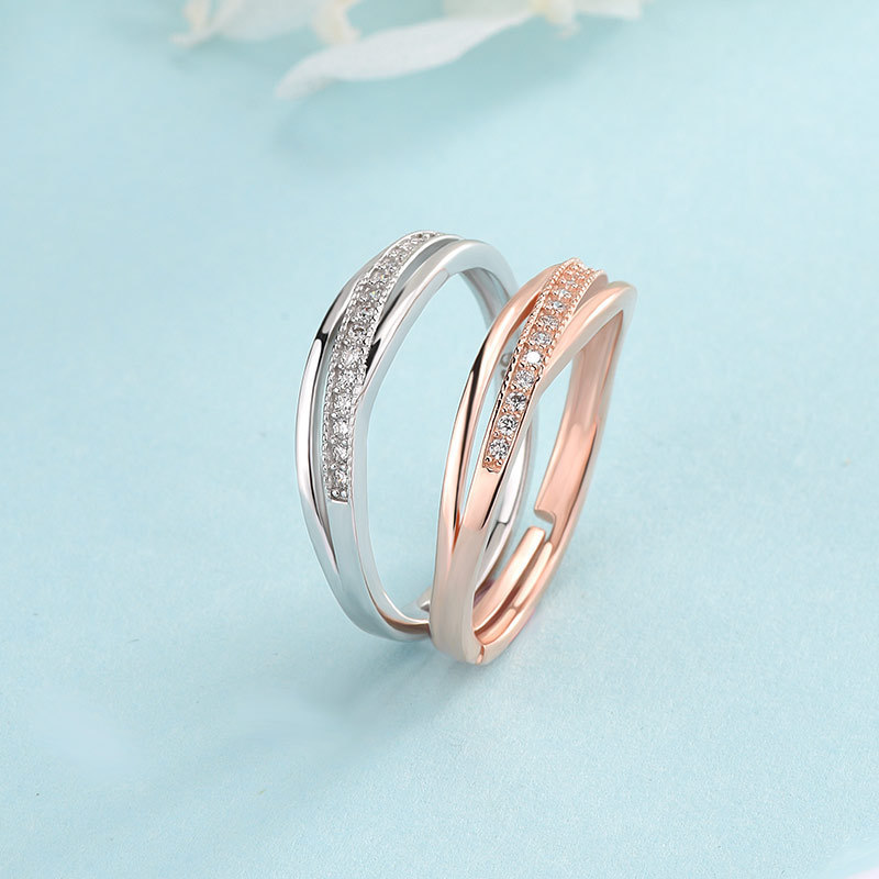 SKA 925 Sterling Silver Rose Gold plated open ring Cubic Zirconia couple wedding ring set