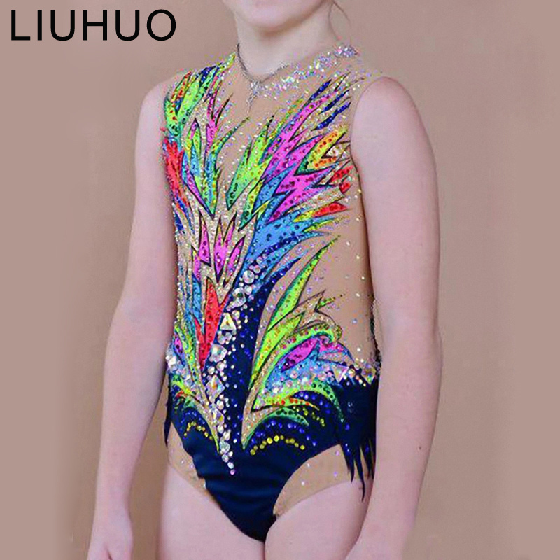 Children nude mesh Rhythmic gymnastics leotards elegant costumes girls competition ballroom leotards dance costumes