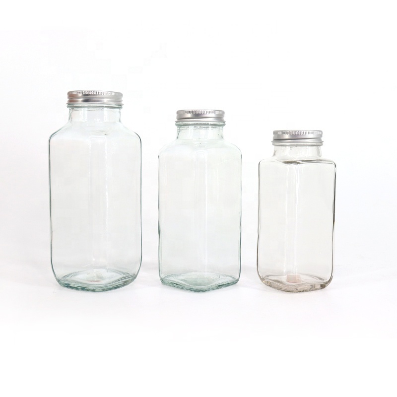 Clear French Square 8 oz 10 oz 12 oz 16 oz Beverage Glass Bottle Rectangle Liquid Fruit Juice Milk Water Bottles With Screw Cap