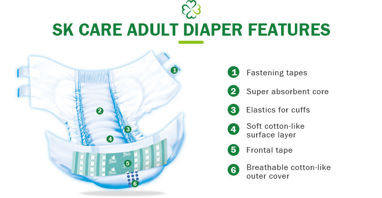 SK Care OEM Couche Pour Adulte Pieluchy Fujian Baby Printed Thickest Big Tape Disposable Adult Diaper For Elderly